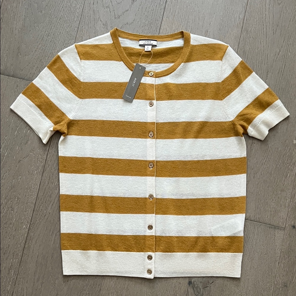 J Crew Cashmere Striped Short Sleeve Cardigan - Mustard & Cream